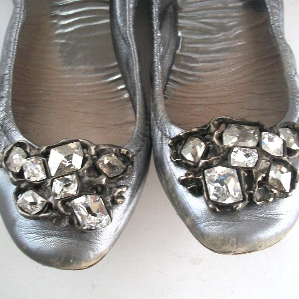 Vtg MIU MIU Silver Leather Ballet Flats w Metal & Rhinestone Sculpture 8.5M GW
